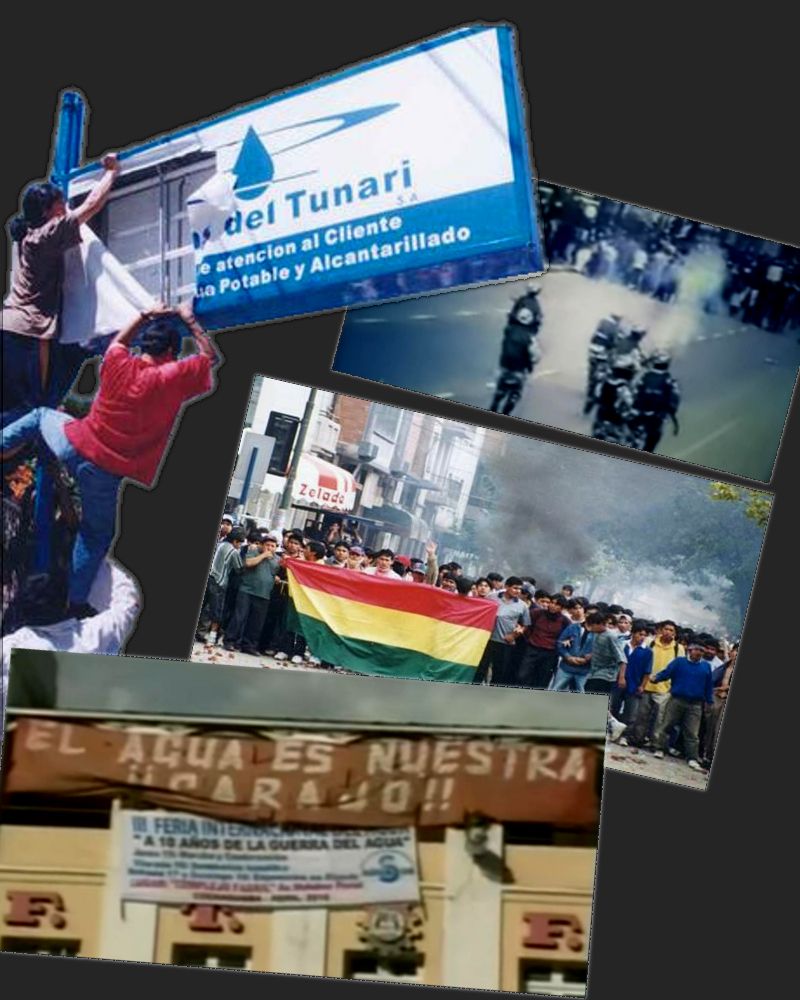 Kolaż złożony z kilku zdjęć. Na pierwszym planie widać kilka osób zrywających billboard z napisem Aguas del Tunari. Inne zdjęcie pokazuje grupę policjantów idących w stronę tłumu ludności cywilnej. Jeszcze inne grupę ludzi z flagą Boliwii i chmurami gazu w tle. Ostatnie pokazuje wywieszony transparent z napisem 'El Agua es nuestra, carajo'.
