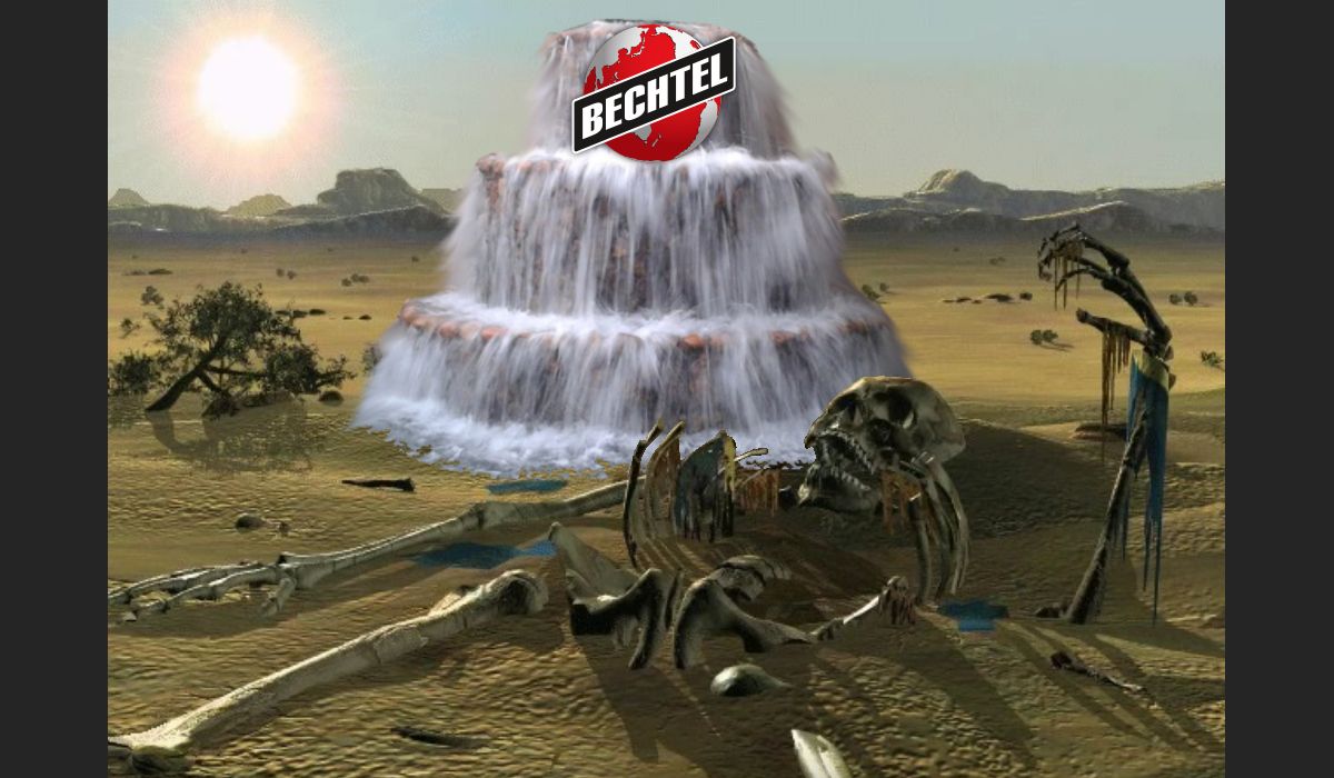Grafika komputerowa pokazująca pustynię i szkielet leżący na pierwszym planie. W tle widać wielką fontannę wody oraz umieszczone na niej logo firmy Bechtel