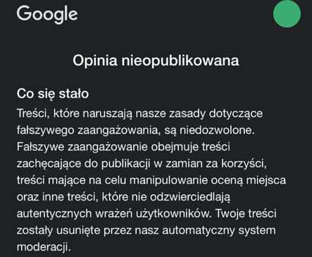 Komunikat od Google mówiący, że treść nie została opublikowana, bo narusza zasady fałszywego zaangażowania