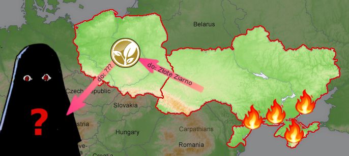 Mapa pokazująca Polskę i Ukrainę. Strzałka z Ukrainy prowadzi na teren Polski, kończy się na symbolu Złotego Ziarna. Od niego odchodzi kolejna strzałka, prowadząca do konturu tajemniczej postaci