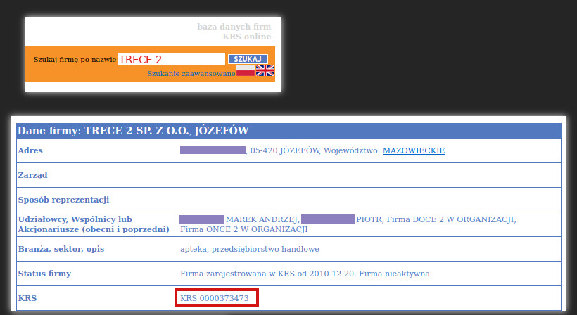 Dwa zrzuty ekranu ustawione jeden pod drugim i pokazujące, że na stronie Infoveriti najpierw wpisałem Trece w pole wyszukiwarki, a potem skopiowałem numer KRS.