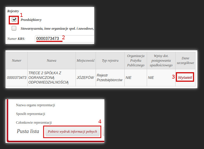 Trzy zrzuty ekranu ze strony KRS-u. Oznaczyłem na nich, co po kolei klikałem, żeby uzyskać odpis dla firmy o wyżej zdobytym numerze KRS.