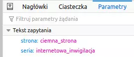 Zrzut ekranu z Inspektora pokazujący listę z dwoma parametrami z linka do aktualnej strony oraz ich wartościami.