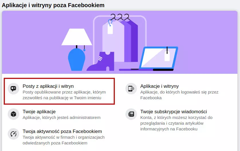 Zrzut ekranu z Facebooka, z zakładki przeglądania swoich informacji. Jest tu pięć opcji, które można kliknąć. Jedna z nich, 'Posty z aplikacji i witryn', jest otoczona czerwoną ramką.