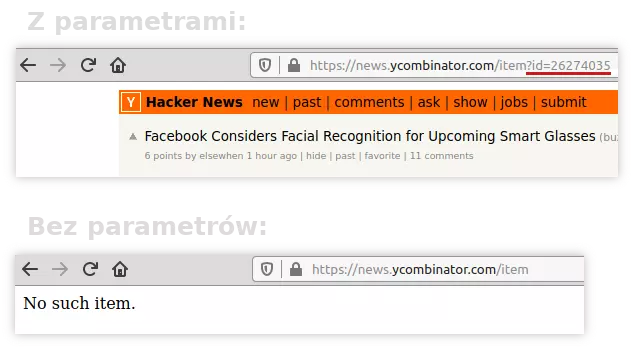 Fragmenty dwóch screenów. Jeden pokazuje stronę HackerNews, kiedy w pasku adresu jest pełen link. Parametr id jest w nim podkreślony na czerwono. Drugi pokazuje tę samą stronę bez parametrów. Widać wyświetlony komunikat o błędzie.