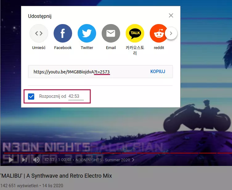 Zrzut ekranu z YouTube'a pokazujący ekran udostępniania. Czerwonym kolorem podkreślony parametr t na końcu linku do udostępniania, odpowiadający czterdziestej drugiej minucie filmu.