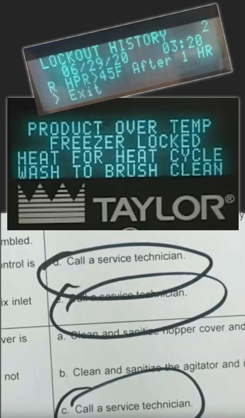 Kolaż pokazujący dwa niezrozumiałe komunikaty wyświetlane na maszynie Taylora, a pod spodem zdjęcie instrukcji, na którym zakreślone trzy przypadki, kiedy każe dzwonić po technika.