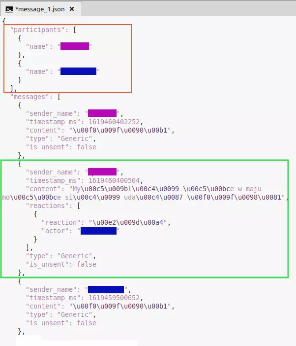 Zrzut ekranu z pliku JSON z wiadomościami. Kolorem pomarańczowym otoczono element pierwszy, nazwany 'participants', a zielonym treść jednej z kilku wiadomości z listy.