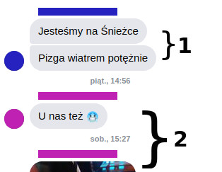 Zrzut ekranu z Messengera pokazujący najpierw dwie wiadomości pod rząd (oznaczone cyfrą 1), a następnie dwie kolejne, oddzielone różnymi datami i oznaczone cyfrą 2.