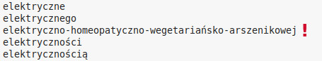 Zrzut ekranu pokazujący fragment listy słów. Jest wśród nich słowo „elektryczno-homeopatyczno-wegetariańsko-arszenikowej”.