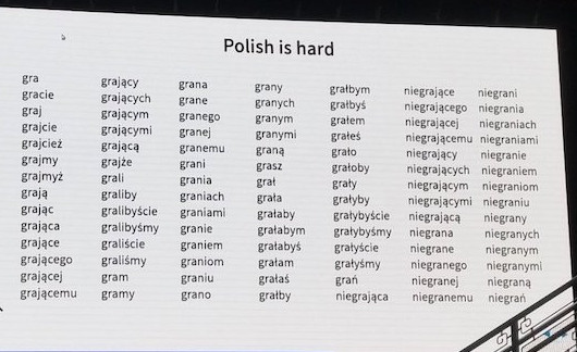 Przycięte zdjęcie pokazujące prezentację na konferencji. U góry widać nagłówek „Polish is hard”, a pod nim 98 odmian słowa „grać”.