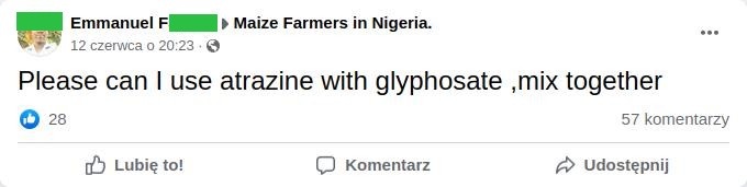 Zrzut ekranu posta z Facebooka, w którym autor pyta na grupie rolników afrykańskich, czy może stosować glifosat razem z atrazyną