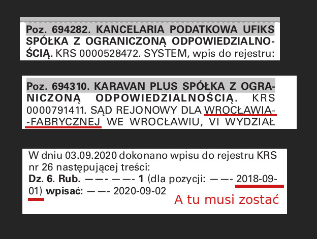 Trzy drobne rzuty ekranu pokazujące różne przypadki podziału słów. W pierwszym przypadku widać pojedynczy dywiz w nagłówku, w drugim przypadku dwa pod rząd w zwykłej nazwie, na koniec data z jednym.