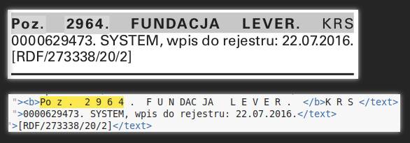 Dwa zrzuty ekranu. Ten u góry pokazuje krótki wpis z Monitora, a pod nim widać plik XML odpowiadający temu samemu tekstowi. Widać, że zamiast jednego słowa 'Poz' mamy te same literki, ale rozdzielone spacjami.