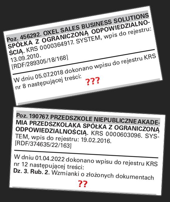 Przykład jednego wpisu całkiem pustego oraz jednego zawierającego wyłącznie informację o dziale i rubryce. Miejsca, w których są brakujące dane, oznaczyłem znakami zapytania