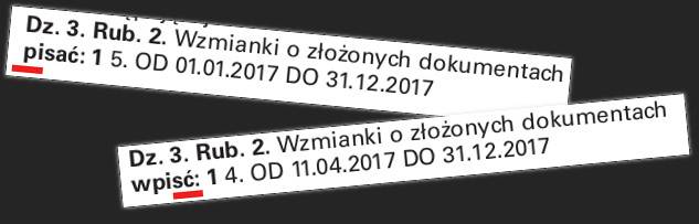 Dwa krótkie przykłady literówek w pogrubionym tekście. Zamiast słowa 'wpisać' w jednym miejscu mamy 'pisać', a w drugim 'wpisć'.