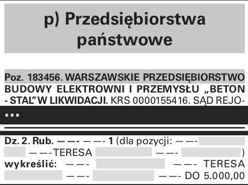 Wpis, w którym zamiast większości nazw rubryk widać kreski. Dane opisywanej w nim osoby zakryłem dodatkowo prostokątami. Nad wpisem widać nagłówek dla całej sekcji, mówiący 'Przedsiębiorstwa państwowe'.