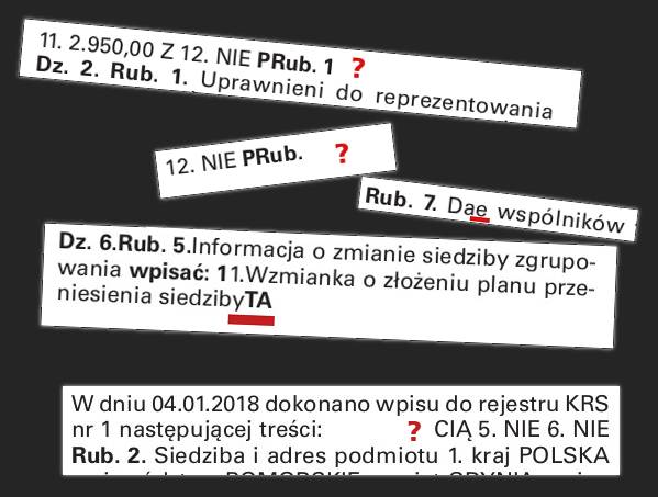 Pięć kolejnych przykładów błędów, takich jak dziwny tag, literówka w nazwie kategorii, tekst urwany po nazwie rubryki, duża luka pośrodku wpisu