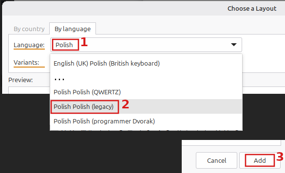 Okno wyboru układu klawiatury na systemie Mint MATE