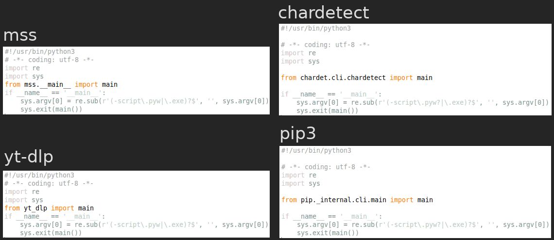 Zestawienie czterech skryptów Pythona, pochodzących z pakietów: yt-dlp, pip, mss oraz chardetect. Części powtarzalne w kolorze szarym, ważne różnice wyróżnione kolorem