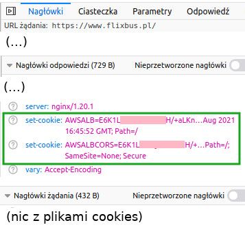 Lista plików cookies. Listę elementów wysłanych zastąpiłem tekstem mówiącym, że nie ma tam nic o plikach cookies. Na liście elementów otrzymanych zaznaczyłem dwa elementy.