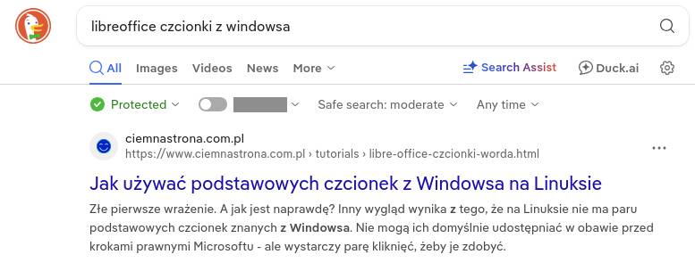 Zrzut ekranu z wyszukiwarki DuckDuckGo. Pod hasłem 'libreoffice czcionki z windowsa' wyświetla się post z Ciemnej Strony.