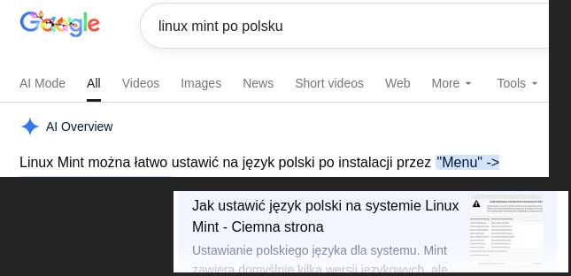 Zrzut ekranu z wyszukiwarki Google. Widać, że jednym ze źródeł wymienionych pod odpowiedzią podaną przez AI jest Ciemna Strona.