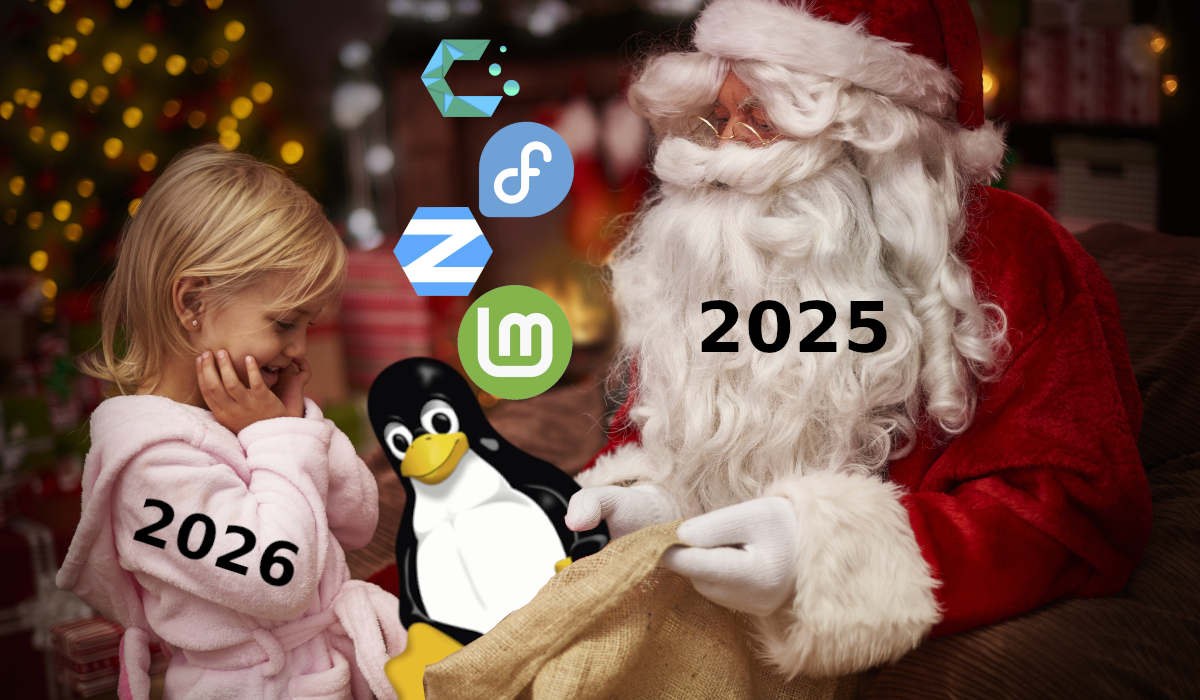 Przerobiony obrazek, na którym Mikołaj pokazuje cieszącej się dziewczynce worek prezentów. Z worka wyłania się maskotka systemu Linux oraz loga różnych jego wersji. Na Mikołaja nałożono numer roku 2025, a na dziewczynkę 2026.