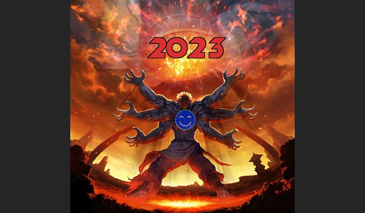 Sześcioręka postać z gry Asura's Wrath stoi, patrząc w niebo na zbliżający się płonący obiekt. Na płomienie nałożono napis 2023, a na plecy postaci logo Ciemnej Strony