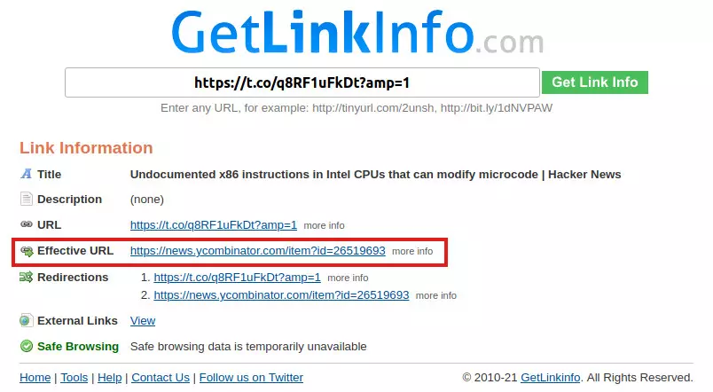 Zrzut ekranu ze strony GetLinkInfo. W środkowym pasku wklejony skrócony adres strony. Pod nim widać listę wyświetlonych informacji. Wśród nich zaznaczona czerwoną ramką informacja nazwana 'Effective URL' -- o adresie, do którego tak naprawdę prowadził link.