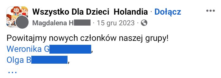 Screen fragmentu posta z Facebooka, witającego w grupie nowych członków. Poniżej znajduje się lista nazw użytkownikow, z których każda jest jednocześnie linkiem do profilu.