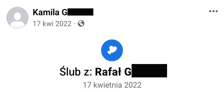 Zrzut ekranu pokazujący infomację o tym, że w 2022 roku Kamila wzięła ślub z Rafałem G.