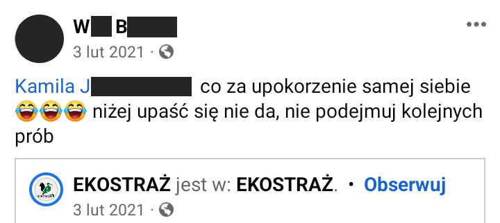 Zrzut ekranu pokazujący post mówiący, że Kamila niżej już upaść nie może. Jest tam oznaczone jej konto, ale nazwa użytkownika zawiera stare nazwisko