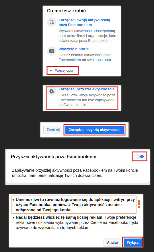 Zrzut ekranu pokazujący opcje, jakie należy kolejno klikać w menu Facebooka. Wykrzyknikiem oznaczono zdanie widoczne tuż nad ostatnim wyłącznikiem i mówiące, że w tym wypadku logowanie przez Facebooka do zewnętrznych stron będzie niemożliwe