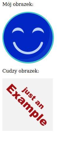 Zrzut ekranu pokazujący dwa obrazki. Jeden to logo Ciemnej Strony, drugi to tekst 'Just an example'. Nad pierwszym z nich widać tekst 'mój obrazek, a nad drugim 'cudzy obrazek'.