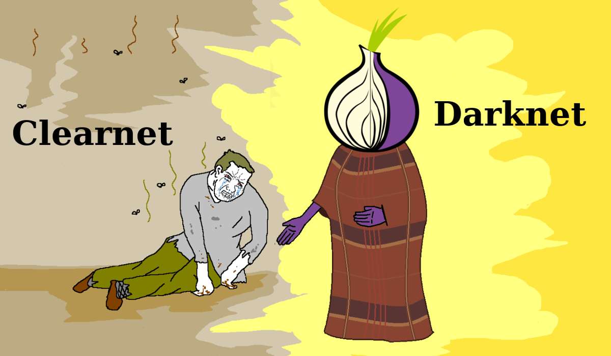 Przeróbka mema. Tło jest podzielone na dwie wyraźne strefy - jedną szaroburą, z unoszącymi się muchami; drugą jasną i świetlistą. Po stronie szarej siedzi rysunkowy człowiek ze łzami w oczach, wyglądający na nędzarza. Po stronie świetlistej stoi postać w szacie wyciągająca do niego rękę. Zamiast głowy ma fioletową cebulę, logo przeglądarki Tor Browser.