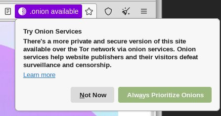 Komunikat wyświetlony przez Tor Browser, mówiący że odwiedzana strona ma swój odpowiednik typu Onion, pod spodem opcja przejścia w to miejsce