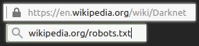 Zrzuty ekranu pokazujące górny pasek przeglądarki. W pierwszym przypadku widzimy adres strony na Wikipedii, a w drugim po nazwie domeny dopisano słowa robots.txt