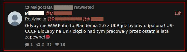 Zrzut ekranu z Nittera pokazujący komentarz mówiący o tym, jakoby dzięki interwencji Putina udało się powstrzymać laboratoria pracujące nad bronią biologiczną. Jest otoczony cienką czerwoną ramką.