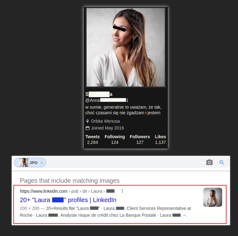 Kolaż złożony z dwóch obrazków. Na pierwszym widać informacje profilowe z Twittera: zdjęcie schludnie ubranej kobiety, enigmatyczny opis profilu oraz informację, że stworzono go w 2016 roku. Dokładne dane są zasłonięte. Drugi obrazek to zrzut ekranu pokazujący wyniki wyszukiwania obrazka w Google. Czerwoną ramką otoczono pierwszy wynik, profil znaleziony na stronie LinkedIn. Fragmenty tekstu sugerują, że to Francuzka, pracownica działu analizy ryzyka.