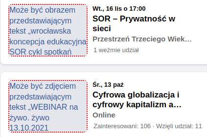 Zrzut ekranu z Facebooka pokazujący dwie miniaturki wydarzeń. Zamiast oryginalnych zdjęć widać czerwone ramki, a w ich wnętrzu opisy mówiące, że zdjęcia pokazują tekst.