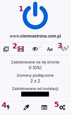 Zrzut ekranu pokazujący menu główne uBlock Origin. Przy kilku przyciskach nałożono czerwone cyfry od 1 do 5.