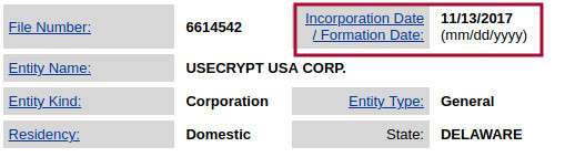 Zrzut ekranu z amerykańskiego rejestru firm. Widać że Usecrypt USA został założony w 2017 roku.