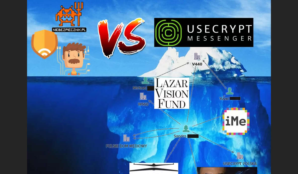 Loga trzech portali o cyberbezpieczeństwie kontra góra lodowa, na której czubku jest napis Usecrypt Messenger