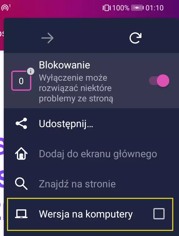 Opcje przeglądarki Firefox Focus. Na żółto zakreślona jedna z nich, korzystania z wersji na komputery.