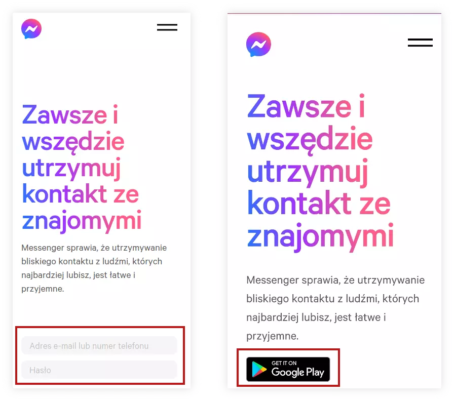 Porównanie głównego ekranu strony messenger.com na komputerze i na telefonie. Widać, że wersja komputerowa ma pola na login i hasło, a wersja mobilna jedynie przycisk odsyłający do sklepu Google Play.
