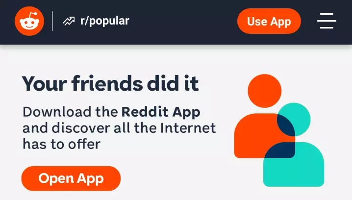 Komunikat z Reddita zachęcający do korzystania z niego przez aplikację mobilną.