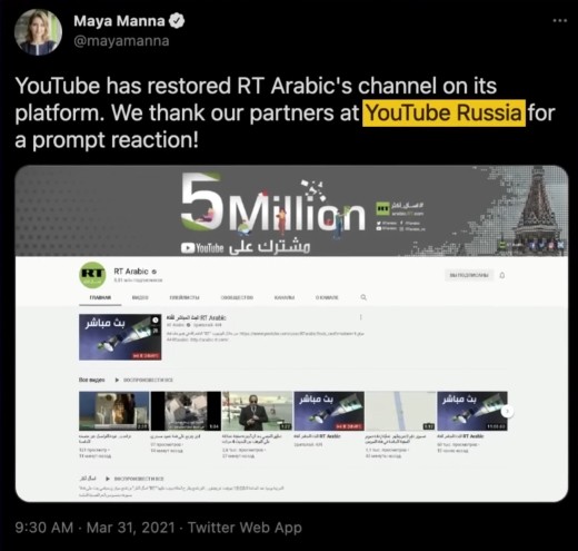 Zrzut ekranu tweeta, w którym konto o nazwie Maya Manna gratuluje YoutubeRussia skutecznej akcji przy przywracaniu kanału RT Arabic