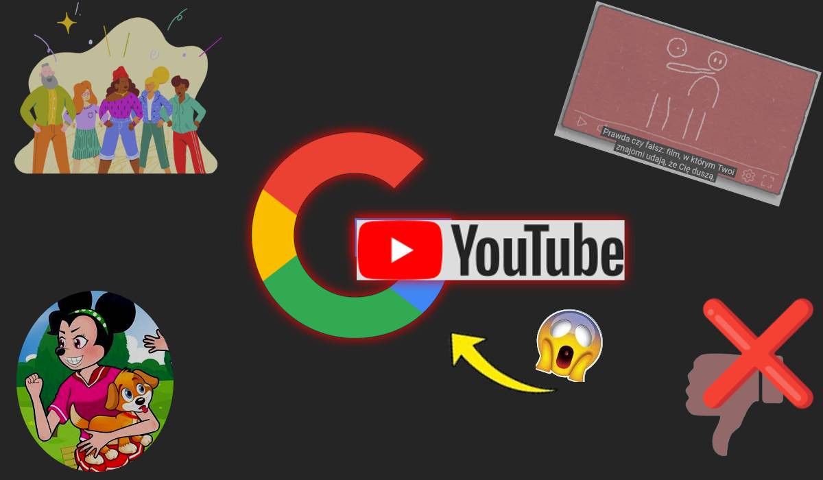 Kolaż złożony z kilku elementów na ciemnym tle. Pośrodku mamy logo Google. Na nie nałożono logo YouTube'a w taki sposób, że wydaje się przedłużeniem poprzeczki literki G. W jego stronę skierowany jest grot strzałki. Obok tej strzałki znajduje się emota z przerażoną miną. Oprócz tego obrazek zawiera w rogach grupę rysunkowych postaci, miniaturkę z filmiku pokazującą jak jeden ludzik z patyków dusi innego, rysunkową postać z głową Myszki Miki i złośliwą miną uciekającą z porwanym pieskiem, a także przekreśloną ikonę kciuka w dół.