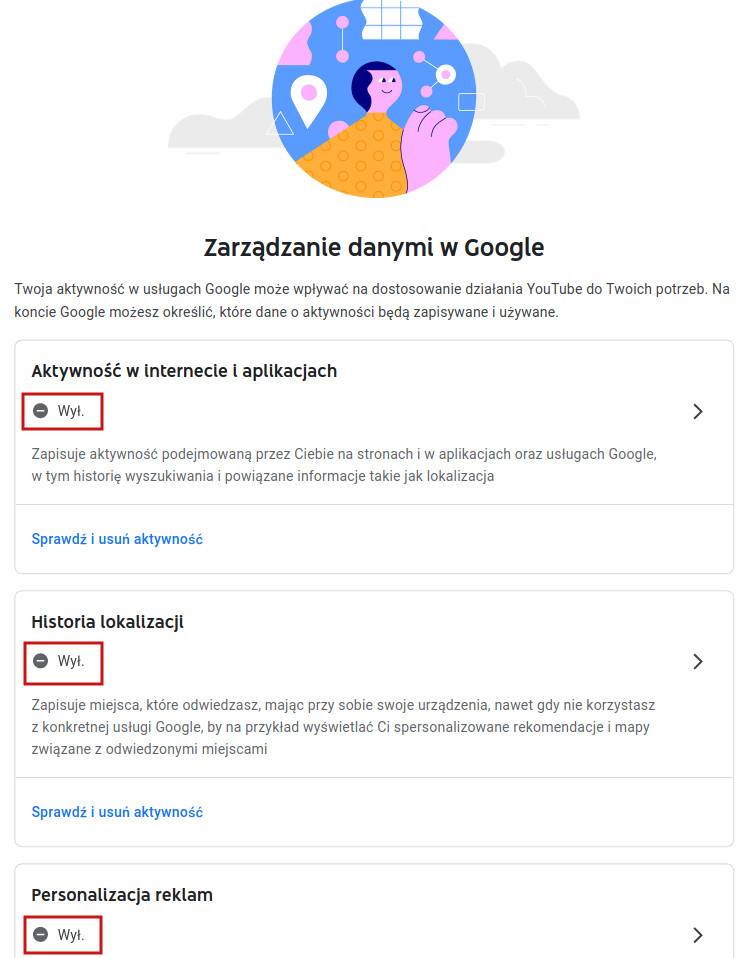 Ekran Google, na którym widać trzy opcje wraz z opisami. Wszystkie suwaki są ustawione na tryb wyłączony i wyróżnione czerwonymi ramkami.